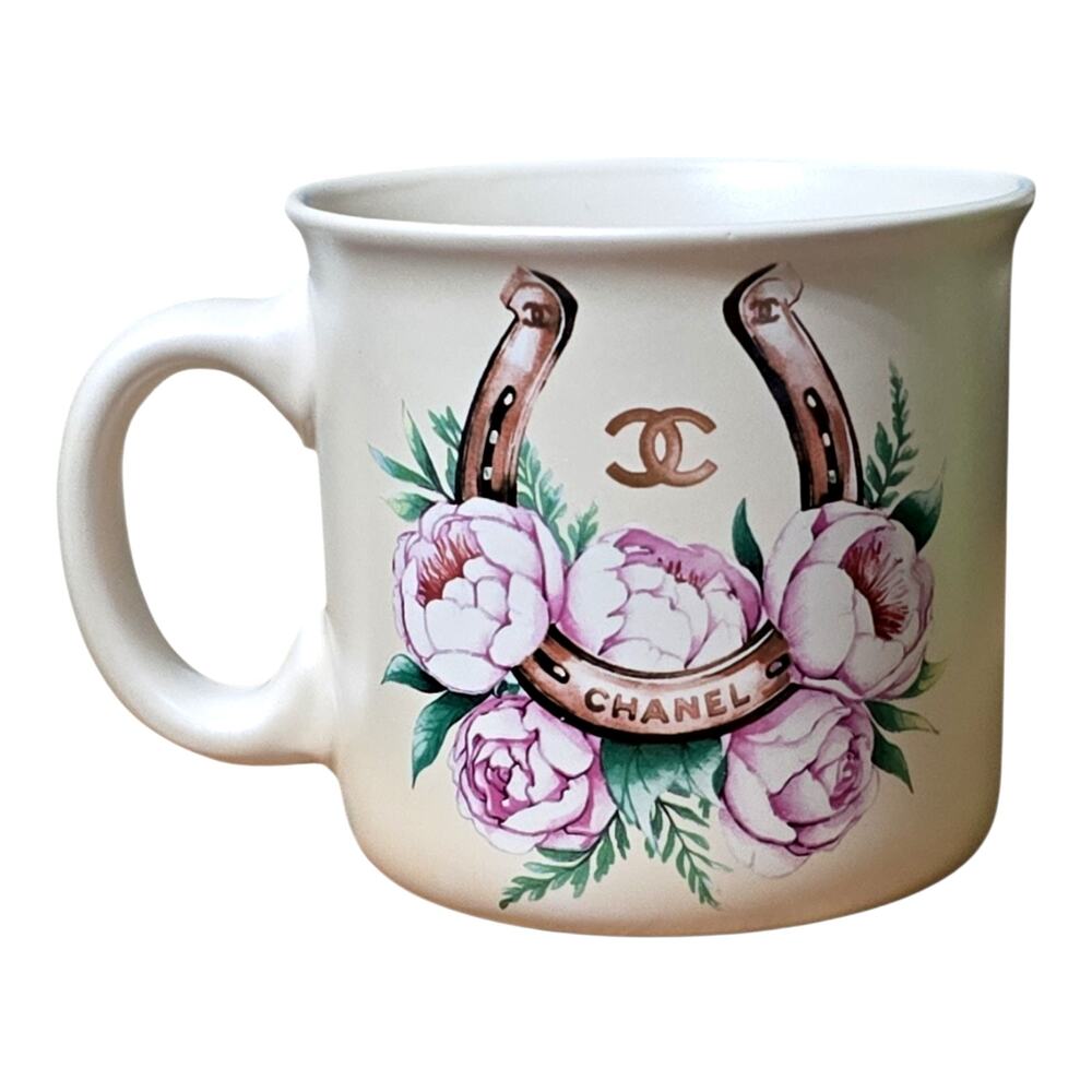Fig & Fern Peonies Horseshoe Luxury Floral Logo Print 16OZ Cream Ceramic Mug New